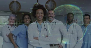 Dijital arıza, koridordaki tıbbi ekibin animasyon küre örtüsünün birliği vurguladığını gösteriyor. Sağlık, takım çalışması, profesyonellik, çeşitlilik, yenilik, hastane, işbirliği