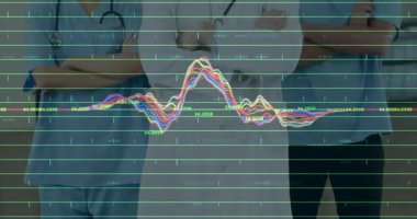 Koridorda duran tıbbi ekip, sinyal etiketleriyle hayati işaret izleme işlemini başlatıyor. Sağlık, profesyoneller, klinik, tıbbi, izleme, veri, teşhis