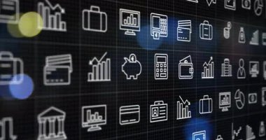 Finansal simgeler sola kaydırılırken Bokeh daireler simge ızgarasını sunuyor. Finans, teknoloji, dijital, yatırım, veri, analitik, şirket