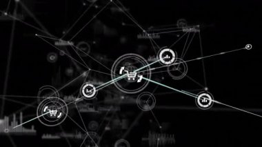 Izgarada yüzen parlayan kart düğümü dinamik olarak bağlanan grafik simgeleriyle ağ büyümeye başlıyor. Teknoloji, veri görselleştirme, dijital ağ, analitik, bağlantı, bilgi grafikleri, fütürist