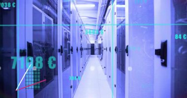 Sunucu rafı sıcaklık değerleri gösteriliyor. Yükselen trend çizgileri, izleme için izleniyor. Futuristik, teknolojik, veri, analitik, dijital, modern, kısır