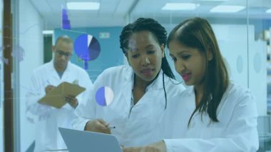 Dişi bilim adamları laboratuvar verilerini dizüstü bilgisayara giriyor ve pasta grafikleri ve çubuk grafikler üretiyorlar. Araştırma, yenilik, işbirliği, teknoloji, analitik, görselleştirme, modern