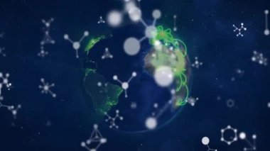 Başlangıçta, dünya dönen düğümler sürükleniyor ve yeşil ağ yayları titreşiyor, bağlantıyı gösteriyor. Futuristik, teknoloji, dijital, bağlantı, küresel, ağ, uzaysal