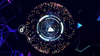 Çoklu renk küresi UI halkası oluşturmaya başlıyor ve aygıt simgelerini bulut görselleştirmesine bağlayan çizgiler oluşturuluyor. Futuristik, teknoloji, bağlantı, dijital, yenilik, arayüz, ağ