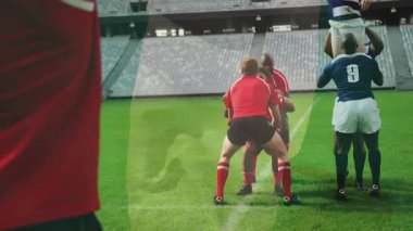 Rugby atıcısı, takım arkadaşları atlarken ve rakipler topu kaparken sahada topu fırlatıyor. Atletizm, takım çalışması, atletizm, rekabet, açık hava, stratejik, dinamik