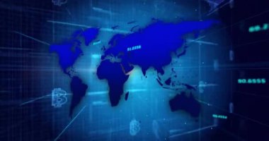 Haritada kayboluyor, çizgiler süpürülüyor, kodlar sürükleniyor, bulut ana hatları küresel bulutları gösteriyor. Teknoloji, dijital, bağlantı, siber alan, yenilik, siber sistemler, veri