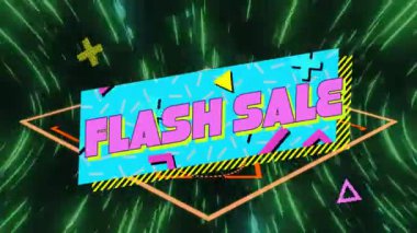 Yeşil girdap dönüyor ve kayan mavi flamayı başlatıyor. FLASH satışı yapıyor ve nabzı atıyor. Soyut, dijital, canlı, geometrik, fütüristik, promosyonal, enerji