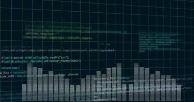 Ses başlatıcısı çubukları ses dalgalarına tepki verirken kod parçaları ızgaranın üzerinde kayıyor. Soyut, geleceksel, dijital, siber, dinamik, teknolojik, veri