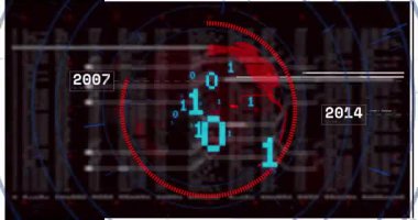 Izgara fırlatmada, zaman çizgisi güncellemesi veriyi görselleştirmek için güncellerken saat yönünde dönen kırmızı 3D küre. Fütüristik, teknoloji, veri görselleştirme, dijital, küresel, yüksek teknoloji, soyut