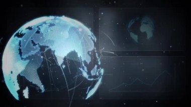 Doğuya doğru dönen noktalı kürenin ardından küresel bağlantıyı gösteren veri yollarını takip eden parlak çizgiler. Futuristik, teknoloji, ağ, veri, dijital, küresel, bağlantı