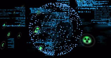 Akış kodu sürücüsü, veri akışını gösteren 3 boyutlu küre titreşimli fabrika türbin güç simgeleri. Teknoloji, veri görselleştirme, dijital ekonomi, ekolojik yenilik, endüstri, otomasyon, sürdürülebilirlik