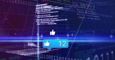 Örnekler üzerinde akan simgeler analitik gösterirken, parmakla gösterilen mavi baloncuk güncelleme sayısında. Fütürist, dijital, analitik, teknoloji, veri, görselleştirme, sanal