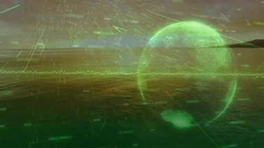 Alacakaranlık denizini görselleştirirken yeşil dalga biçimi titreşimi, küre belirmesi ve veri akışı vardı. Teknoloji, dijital alarm, fütüristik, veri görselleştirme, bilim kurgu, soyut, yenilik