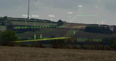 Başlangıçta yeşil trend çizgisi alanın üzerinde şekilleniyor, türbin beliriyor ve çubuklar güç gösteriyor. Yenilenebilir, sürdürülebilirlik, veri, gelecek, teknoloji, çevre, tarım