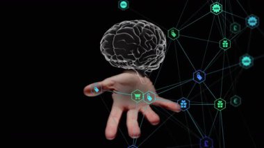 Çerçeveye giren eller, alışveriş ağını gösteren simgeler olarak avuç üzerinde 3 boyutlu beyin döndürmeye başlıyor. Neon, futuristik, teknoloji, dijital, yenilik, bağlantı, sanal