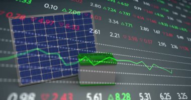 Güneş paneli üzerinden finansal veri işleme görüntüsü. Elektrik, enerji ve güç dağılımı dijital olarak oluşturulmuş görüntü.