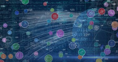 Dünya üzerindeki simgelerle bağlantı ağının resmi. Küresel bağlantılar, veri işleme ve dijital arayüz konsepti dijital olarak oluşturulmuş resim.