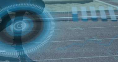 Fiziksel engelli Afrikalı Amerikalı erkeklerin dijital arayüz görüntüsü. Küresel spor, dijital arayüz ve veri işleme kavramı dijital olarak oluşturulmuş görüntü.