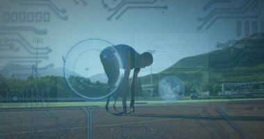 Engelli Afro-Amerikan erkek koşucunun veri işleme görüntüsü. Küresel spor ve dijital arayüz kavramı dijital olarak oluşturulmuş görüntü.