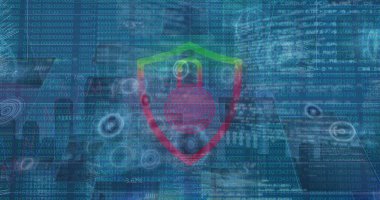 Güvenlik kilidi üzerinde veri işleme resmi. Küresel iş, finans, veri işleme ve dijital arayüz kavramı dijital olarak oluşturuldu.