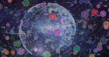 Dijital simgelerden oluşan bir ağ ve dünya üzerindeki bağlantılardan oluşan bir ağ mavi arkaplana karşı. Küresel ağ ve iş teknolojisi kavramı