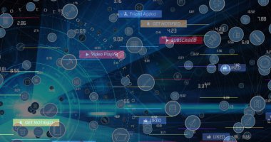 Şehir manzarası üzerindeki simgelerle bağlantı ağının resmi. Dijital arayüz ve teknoloji konsepti dijital ortamda oluşturuldu.