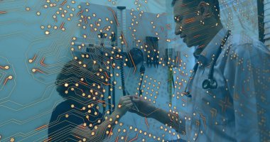 Çeşitli erkek doktor ve erkek çocuk üzerinde entegre devre görüntüsü. Sağlık, tıp ve teknoloji konsepti dijital olarak oluşturulmuş görüntü.