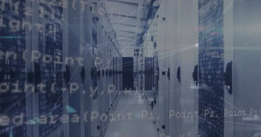 Sunucu odasındaki bağlantı ve veri işleme ağının resmi. Küresel ağ, bağlantılar ve teknoloji konsepti dijital olarak oluşturuldu.