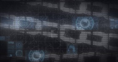 Blok zinciri ve siyah arkaplan üzerinde hareket eden dijital ekranların görüntüsü. Veri güvenliği, dijital arayüz ve dijital olarak oluşturulmuş görüntü konsepti.