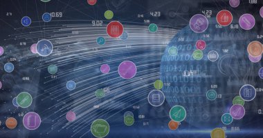 Siyah arkaplan üzerindeki Cpnnections ve Globe ağı üzerindeki simgelerin resmi. Küresel iş ve dijital arayüz kavramı dijital olarak oluşturulmuş görüntü.