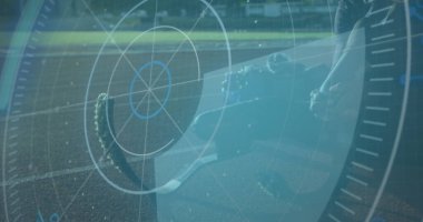 Fiziksel engelli Afrikalı Amerikalı erkeklerin dijital arayüz görüntüsü. Küresel spor, dijital arayüz ve veri işleme kavramı dijital olarak oluşturulmuş görüntü.