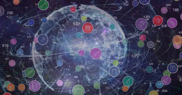Dijital simgelerden oluşan bir ağ ve dünya üzerindeki bağlantılardan oluşan bir ağ mavi arkaplana karşı. Küresel ağ ve iş teknolojisi kavramı
