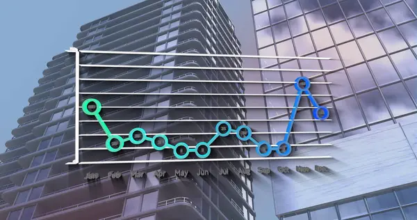 Yüksek binalara karşı istatistiksel veri işlemenin dijital görüntüsü. İş verileri ve analitik teknoloji kavramı