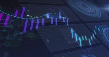 Holografik çubukları çalıştırdıktan sonra maviler sallanırken ve yer değiştirirken trend kayması görülüyor. Fütüristik, veri, analitik, görselleştirme, dijital, teknoloji, grafik