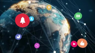 3 boyutlu Dünya 'nın uzayda dönüşü başlatılıyor, ağ düğümleri eşleştiriliyor, simgeler ortaya çıkıyor ve kayboluyor. Gelecek, teknoloji, bağlantı, dijital, yenilik, sanal, küresel