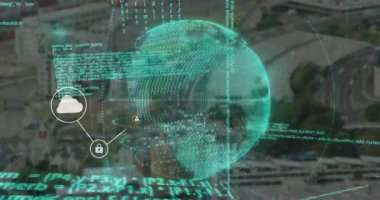 Havacılık şehri görünümü 3D küreyi yüzdürüyor, simgeler birbirine bağlanıyor, kod sürüklenmesi dijital ağı gösteriyor. Fütüristik, teknoloji, bağlantı, yenilik, dijital, ağ, sürükleyici