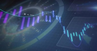 Şebeke ve halka motifi dijital grafik akış çizelgesini başlatarak çubukları kaydırarak veri döngüsünü değiştiriyor. Futuristik, veri görselleştirme, teknoloji, soyut, analitik, dijital, yenilik