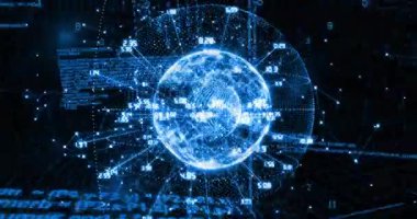 Dijital küre oluşumu, titreşen çizgiler yayarak verileri döndüren mavi ağı tetikler. Teknoloji, bağlantı, siber alan, veri, yenilik, fütüristik, dijital