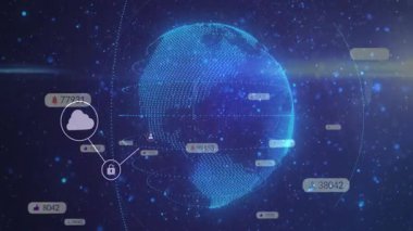 Dönen dijital küre, büyüyen ağı görselleştiren ve birbirine bağlayan simgeyi başlatıyor. Teknoloji, bağlantı, yenilik, siber alan, veri, sanal, geleceksel