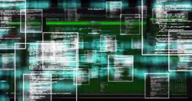 Açılış arayüzünde, beyaz pencereler dışarı doğru sürüklenirken yeşil terminal kaydırma kodu akışını ortaya çıkarıyor. Teknoloji, siber güvenlik, dijital, veri, arayüz, programlama, kod