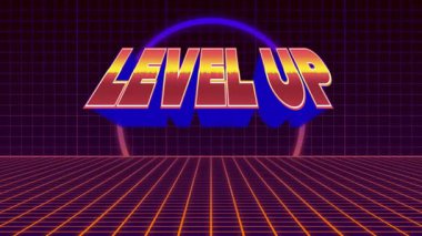 Ortaya çıktıktan sonra, 3D LEVEL UP metin kaydırma beyaz-kırmızı gradyan neon ızgara üzerinde ilerleme gösteriyor. Futuristik, dijital sanat, retro, neon, canlı, oyun, teknoloji