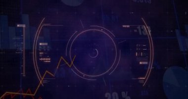 Koyu renk HUD açılışı, grafiği ve dönen sarmalı gösteriyor ve 3 boyutlu virüs modelinin tespit edilmesini sağlıyor. Fütürist, dijital, holografik, analitik, yüksek teknoloji, siber güvenlik, soyut