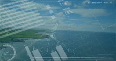 Havadan kıyı görünümü başlangıç çubukları kayıyor ve yükselen turta grafiklerini ölçüyor, nabız atıyor ve veriyi görselleştiriyor. Bilgi grafikleri, veri görselleştirme, fütüristik, analitik, dijital, panorama, teknoloji