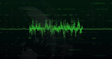 Yeşil ses dalgası girdisinde ses verilerini göstererek büyüyen ve düşen dünya üzerinde. Dijital, analitik, teknoloji, fütüristik, veri görselleştirme, siber, yenilik