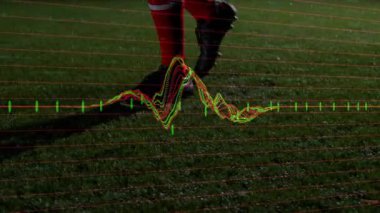 Futbolcu sahaya ayak basıyor neon dalga formu iz sürme dokunuşlarını yaparken sürüklüyor ve savruluyor. Sporcu, spor, hareket, dinamik, teknoloji, performans, beceri