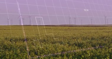 Alan üzerinde görünen 3 boyutlu ızgara örtüsü, yükselen ve düşen beyaz çubuklar görselleştirme veri eğilimleri. Sürdürülebilir enerji, çevresel izleme, veri görselleştirme, kırsal arazi, yenilenebilir kaynaklar, geleceksel tasarım, ekolojik etki