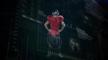 Sistem, futbolcu hologramını çalıştırıyor ve veri içgörüsü için dünya haritası soluyor. Spor, teknoloji, yenilik, veri, analitik, fütürizm, görselleştirme