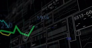 Başlangıçta, dijital paneller izleme değerlerini güncellerken yeşil çizgi grafiği dalgalanıyor. Teknoloji, veri görselleştirme, analitik, dijital arayüz, bilimsel, geleceksel, ilerleme