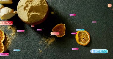 Ginger görüntüye kayıyor ve ölçümleri görselleştirmek için kasenin etrafında turunçgil ile birlikte veri etiketleri dolaşıyor. Sağlık, beslenme, sağlık, organik, doğal, minimalizm, teknoloji