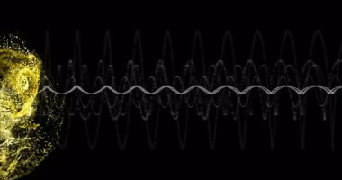 Titreşen dalga biçimi, kıvılcımlar saçan altın parçacıklar, sağa doğru sürüklenen bulut, enerji akışını gösteriyor. Soyut, dijital sanat, fütüristik, dinamik, görselleştirme, hareket grafikleri, enerji
